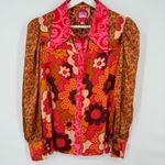 CeliaB Roman Satin Shirt Long Sleeve Floral Print Blouse Retro XS Brown Photo 1