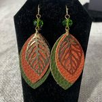 Green and Brown Faux Leather Leaf Teardrop Earrings Photo 0