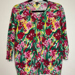 Talbots  LP Petite Cardigan Bold Red Pink Yellow Green Floral Cotton Rayon‎ Photo 0