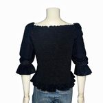 Ann Taylor Black Velvet Corduroy Ruched Bodice Coquette 3/4 Sleeve Top XL Photo 2