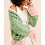 Anthropologie Saachi Hand Knit Chunky Cardigan Colorblock Sweater Green Pink O/S Photo 1