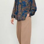 Skies Are Blue 💕💕Long-Sleeve Button-Down Blouse ~ Teal Mustard Print  NWT Photo 2