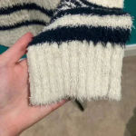 Fauvux fashion white and dark blue striped fuzzy turtleneck sweater Photo 3