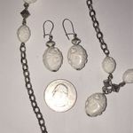 Sarah Coventry Vintage Silver Tone & White Floral Carved Beads & Earrings Set Photo 3