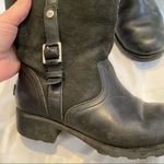 UGG  Black Leather & Suede Calf Height Moto Lug Boots Sherpa Lined Womens 6.5 Photo 4