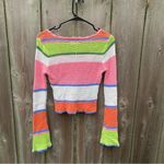 Hippie Rose Y2K Rainbow Crochet Striped Flare Bell Crop Sleeves Lettuce Hem Sweater Small Photo 2