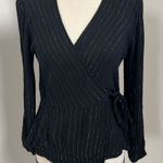 Jun & Ivy Metallic Stripe Black Wrap Blouse M Top Coquette Y2K Office Party Boho Size M Photo 0