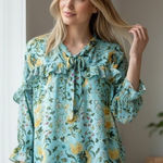Cato Women's Blouse M Aqua Blue Floral Ruffle Tie Neck Top Ruffle Peasant Sleeve Photo 0