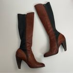 Frye Mikaela Boots Leather Heels Stretch Panels Zipper Closure Brown Black Photo 4