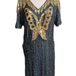 Vtg 1980s Black 100% Silk Gold Butterfly Sequin Embellished Sheath Dress Sz M Size M Photo 1