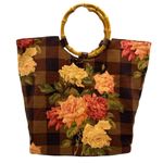 Cynthia Hart Los Angeles Floral Plaid Tote Bag Bamboo Handles Gold Brown Photo 2