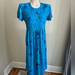Vintage 90s Blue Floral Pleated Midi Dress Rayon Garden Party Cottagecore M Photo 10