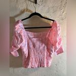 Cynthia Rowley Pink Ruffled Crop Blouse European flax linen, 3/4 ruched sleeve Photo 4