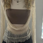 Cream lace long sleeve cover up with fur collar and tube top White Photo 0