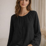 Quince  Black Crinkle Cotton Blouse | Long Sleeve | Size M Photo 0