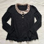 Axes Femme Black lace puff sleeve top long sleeves layered look velvet collar Size M Photo 0
