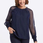 Draper James Navy Swiss Dot Sheer Ruffle Neck Long Sleeve Blouse Top Womens S Photo 0