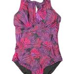 Tempt Me Tropical Print One Piece Swimsuit Womens Size XL Cutout Padded Keyhole Purple Photo 0