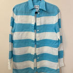 Escada Sport Aqua and White Striped Color Block Linen Button Down Blouse S Blue Photo 0