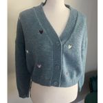 Witty Fox Ditzy Floral Small Blue Cropped Button Sweater Embroidered Hearts Photo 5