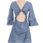 Farrow Womens Small Casual Denim Dress Cottagecore Plunge Short Bell Sleeve Bows Pink Photo 0