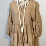 SOLITAIRE BOHO TUNIC TOP TIERED EMBROIDERED BALLOON SLEEVES Earth Tone size Med Tan Photo 2