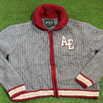 American Eagle Retro  Sweater X Sm. Gray Red Varsity Cardigan Cropped Full Zip AE Photo 0