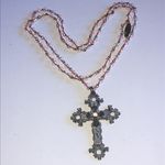Elegant Black and Pink Beaded Aged Silver Tone Boho Cross Necklace Photo 2