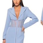 Akira  Light Blue Corset Sheer Mesh Panel Blazer Mini Dress Plunge Neck Size XL Photo 0