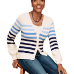 Talbots White + Blue Ribbed Button V Neck Breton Stripe Cardigan Photo 0