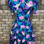 party dress floral drop waist puff sleeve swing skirt pink teal blue 1980s Size 12 Photo 0