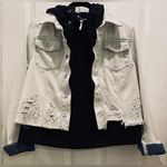 Free People RARE Double Weave Denim Jacket Hoodie Distressed Layered Boho Small Photo 3