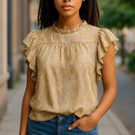 Joie  Cream Flutter Sleeve Blouse with Mock Neck Ruffles Photo 0