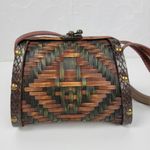 Vintage Basket Purse Two Tone Brown Rattan Bamboo Leather Trim Woven Hinged Photo 9
