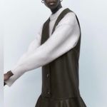 ZARA NEW Green Faux Vegan Leather Sleeveless Button Pinafore Ruffle Mini Dress M Photo 1