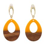 Yellow Wooden Geometric Teardrop Earrings - Acrylic Resin Lightweight Wood Photo 2