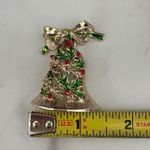 Vintage 1950's GERMANY Christmas Bell Bow Holly Red Berry Brooch Holiday Jewelry Gold Photo 2
