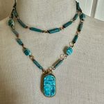 Egyptian Revival Turquoise Faience Scarab Necklace Blue Photo 0