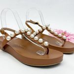 Stuart Weitzman Women’s Goldie Pearl Demi Wedge Thong T-Strap Sandals Tan White Photo 0