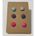 None Fabric Covered Button Earrings Stud Set Pink Purple‎ Teal Blue Polka Dots Round Photo 4