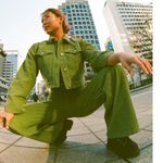 Roxy NWT  x Chloe Kim Corduroy High Waist Wide Leg Pants Moss Green Photo 2