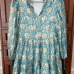 NWOT Oliphant Teal Floral Tiered Mini Dress Hand Block Print, Size Small Blue Photo 0