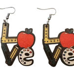“LOVE” earrings with apple, pencil, ruler, crayons, Perfect for teachers! Red Photo 0