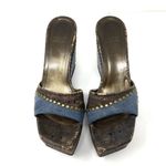 Stuart Weitzman denim and faux wood wedge slides, size 8.5/9 Photo 1