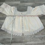 Free People  Ivory Stripe Raw Hem Crop Top Lace Detail, Square Neck S48 Photo 2