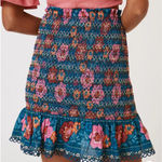 Farm Rio  Smocked Flounce Mini Skirt Blue Floral Large L‎ Photo 0
