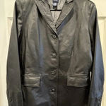 Gap Black Leather Jacket Button Front Flap Pockets Women’s Size M Photo 0