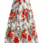 Shein Curve Tropical Floral Maxi Skirt Tiered Ruffle Tie Waist 2XL multicolor White Size 2X Photo 0