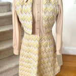Vintage 60s 70s Beige Yellow Chevron Vest Pointed Collar Long Sleeve Shift Dress Tan Size L Photo 0