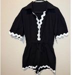 Black & White Scalloped Romper Medium, Collared Short Sleeve Drawstring Waist Photo 0